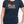 Woman wearing blue camping t-shirt with CANADA slogan and orange sunset, mountain, trees and canoe graphic - Made in Canada by Choose Canadian Apparel Co