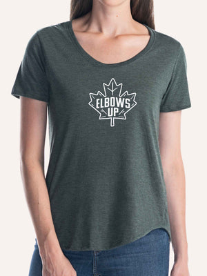 Woman wearing ladies forest green scoop t-shirt with elbows up in shape of maple leaf graphic - Made in Canada by Choose Canadian Apparel Co