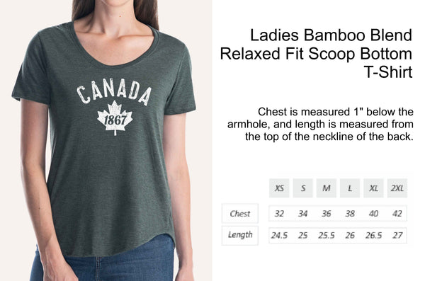 Ladies Bamboo Blend Scoop T-shirt size chart - made in Canada by Choose Canadian Apparel Co