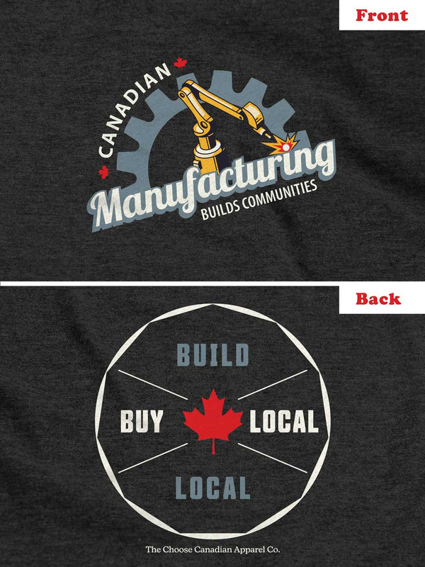 Closeup view of a shirt graphic design with Canadian Manufacturing Builds Communities logo and Build Local Buy Local on back