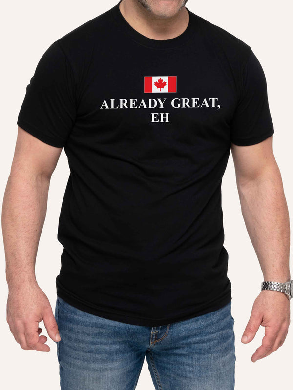 Man wearing black tee shirt with Canada Flag and Already Great Eh slogan - Made in Canada by Choose Canadian Apparel Co