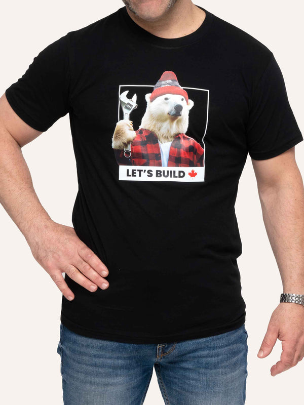 Black Men's T-shirt with Polar Bear and Wrench image and Let's Build Canada slogan - Made in Canada by Choose Canadian Apparel Co