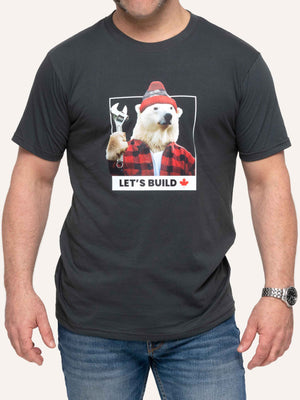 Dark Grey Men's T-shirt with Polar Bear and Wrench image and Let's Build slogan - Made in Canada by Choose Canadian Apparel Co
