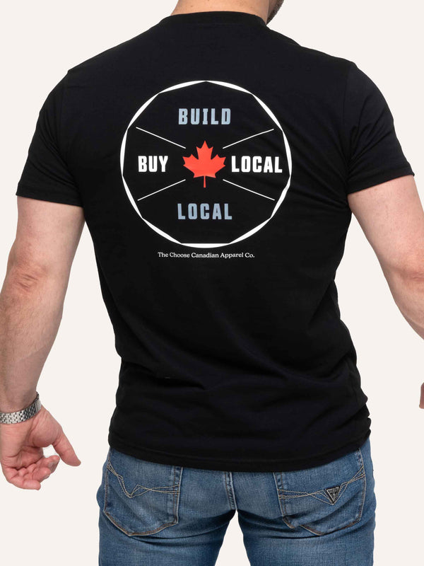 Rear view of Black Men's T-shirt with Maple Leaf image and Build Local Buy Local slogan - Made in Canada by Choose Canadian Apparel Co