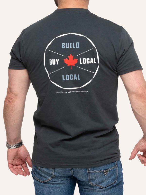 Rear view of Grey Men's T-shirt with Maple Leaf image and Build Local Buy Local slogan - Made in Canada by Choose Canadian Apparel Co