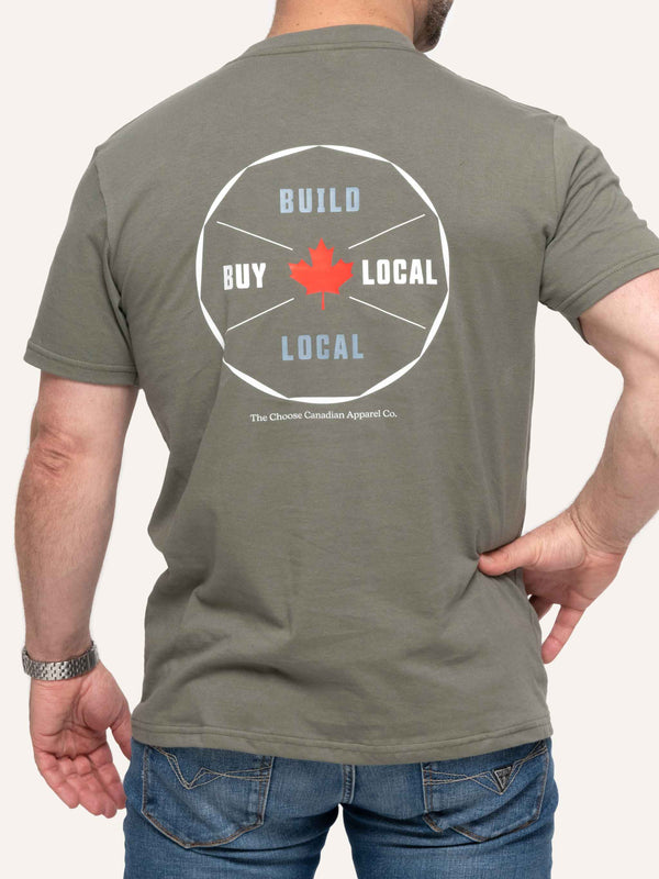 Back view of Sage green organic Men's T-shirt with Maple Leaf image and Build Local Buy Local slogan - Made in Canada by Choose Canadian Apparel Co