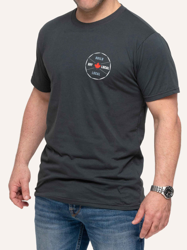 Dark Grey Men's T-shirt with Maple Leaf image and Build Local Buy Local slogan - Made in Canada by Choose Canadian Apparel Co