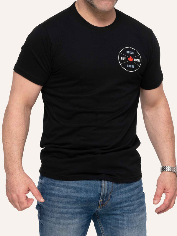 Black Men's T-shirt with Maple Leaf image and Build Local Buy Local slogan - Made in Canada by Choose Canadian Apparel Co