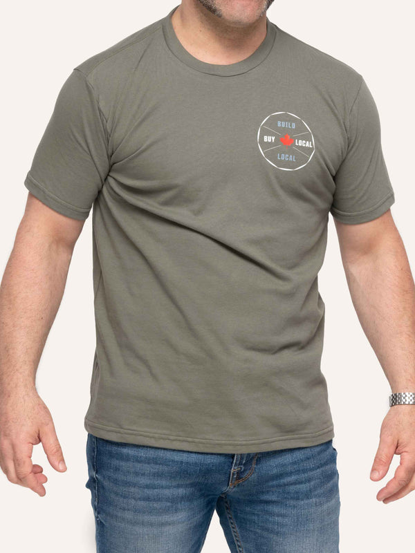 Sage green organic Men's T-shirt with Maple Leaf image and Build Local Buy Local slogan - Made in Canada by Choose Canadian Apparel Co