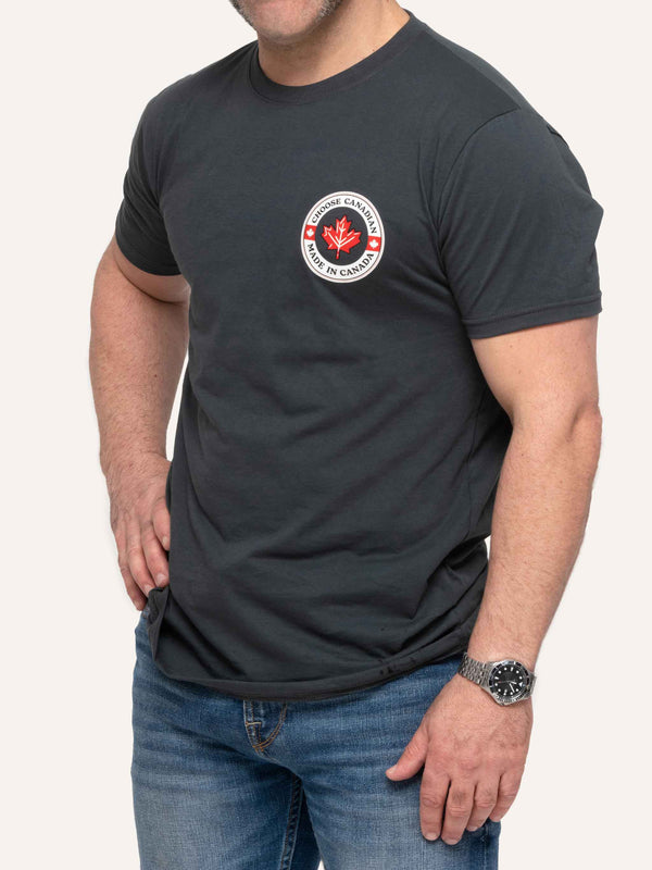 Gray Men's T-shirt with Maple Leaf logo and Choose Canadian Made in Canada slogan - Made in Canada by Choose Canadian Apparel Co