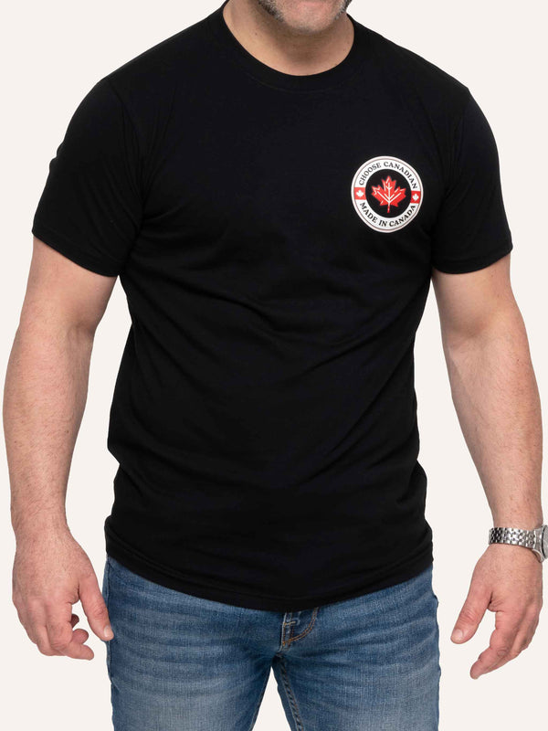 Black Men's T-shirt with Maple Leaf image and Choose Canadian Made in Canada slogan - Made in Canada by Choose Canadian Apparel Co