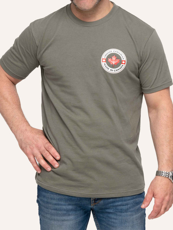 Sage green organic Men's T-shirt with Maple Leaf image and Choose Canadian Made in Canada slogan - Made in Canada by Choose Canadian Apparel Co