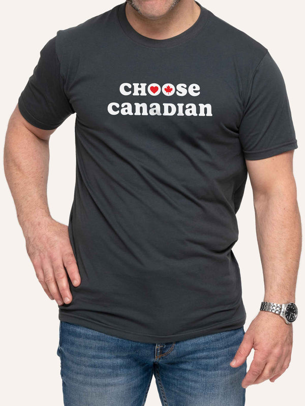 Man wearing Grey t-shirt with red heart maple leaf and choose canadian slogan - Made in Canada by Choose Canadian Apparel Co