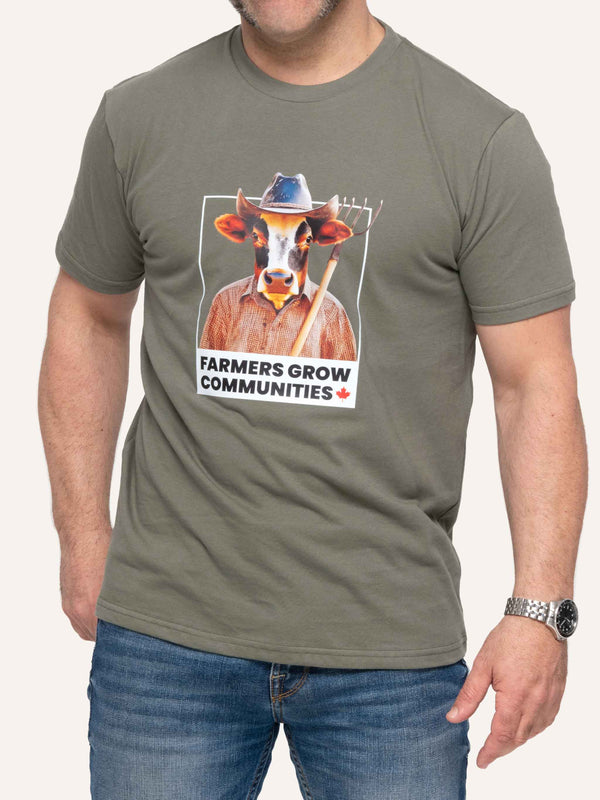 Sage green organic Men's T-shirt with Cow and Pitchfork image and Farmers Grow Communities slogan - Made in Canada by Choose Canadian Apparel Co