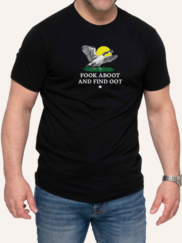 Man wearing black t-shirt with fook aboot find oot slogan and canada goose in gadsden FAFO style - Made in Canada by Choose Canadian Apparel Co