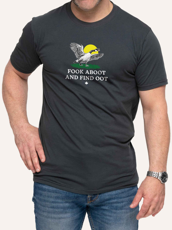 Man wearing grey t-shirt with fook aboot find oot slogan and canada goose in gadsden FAFO style - Made in Canada by Choose Canadian Apparel Co