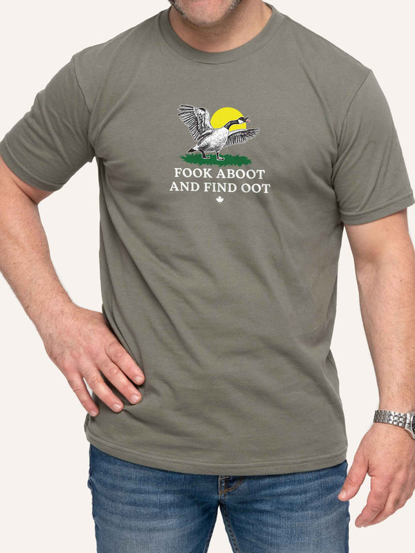 Man wearing sage green t-shirt with fook aboot find oot slogan and canada goose in gadsden FAFO style - Made in Canada by Choose Canadian Apparel Co