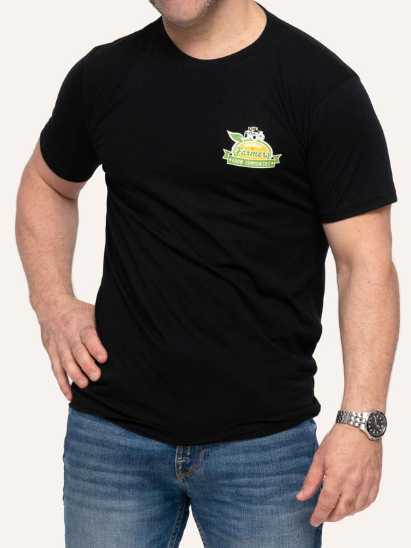 Black Men's Unisex T-shirt with Tractor image and Canadian Farmers Grow Communities slogan - Made in Canada by Choose Canadian Apparel Co