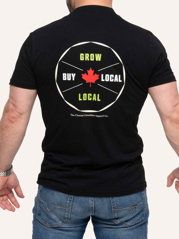 Rear view of Black Men's T-shirt with Maple Leaf image and Grow Local Buy Local slogan - Made in Canada by Choose Canadian Apparel Co