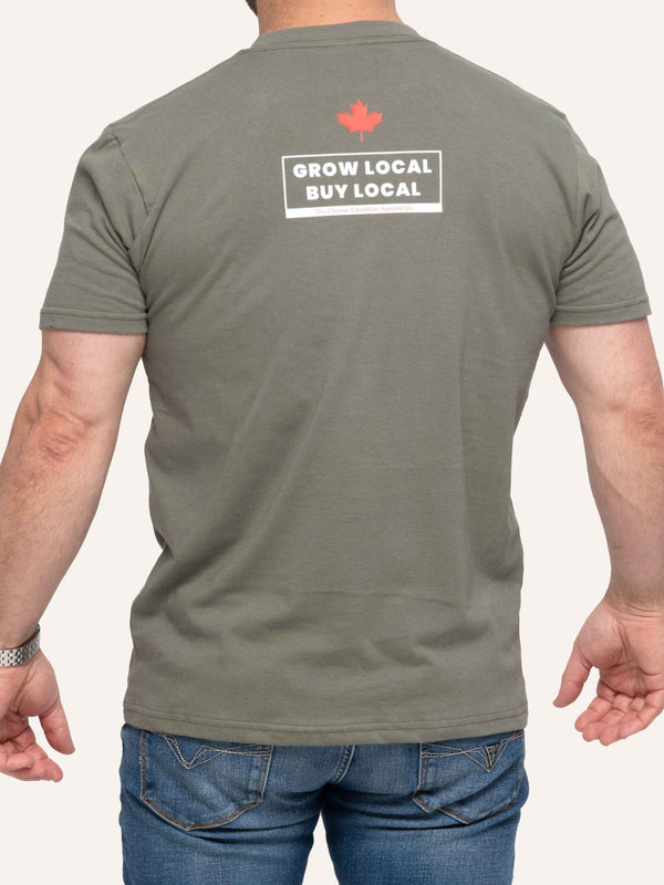 Back view of Sage green organic Men's T-shirt with Maple Leaf image and Grow Local Buy Local slogan - Made in Canada by Choose Canadian Apparel Co