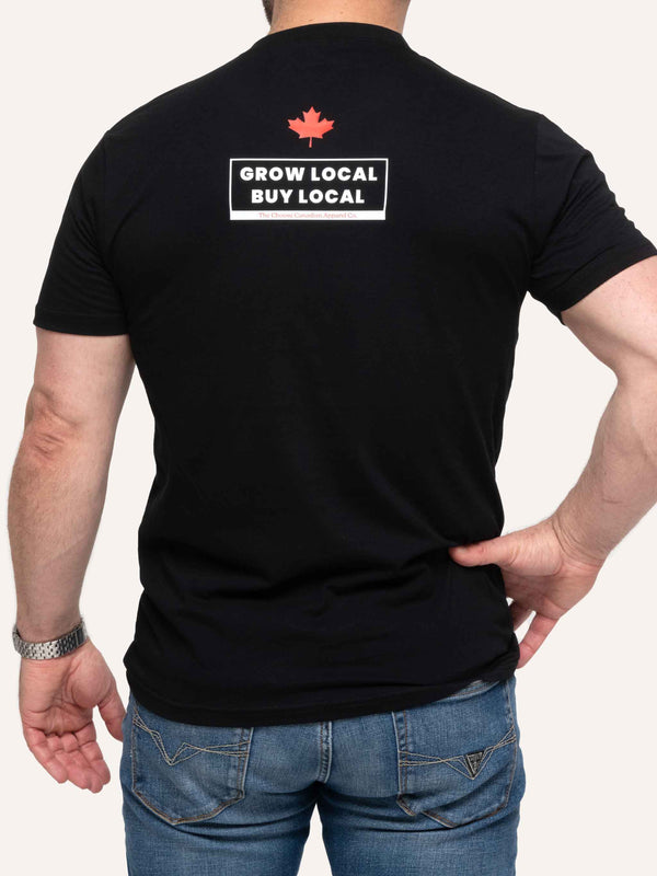 Rear view of Black Men's T-shirt with Maple Leaf image and Grow Local Buy Local slogan - Made in Canada by Choose Canadian Apparel Co