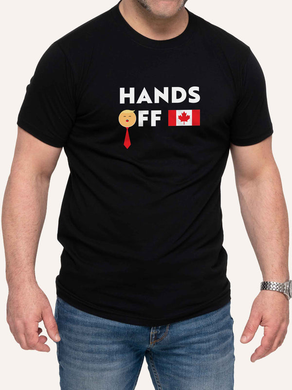 Man wearing Black t-shirt with Hands Off slogan and Canada Flag and Trump Face - Made in Canada by Choose Canadian Apparel Co