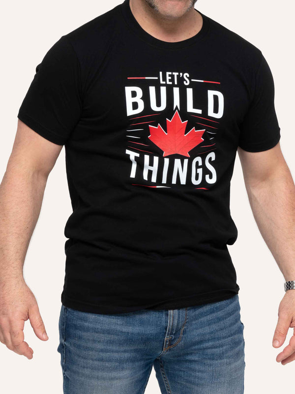 Black Men's T-shirt with Maple Leaf image and Let's Build Things slogan - Made in Canada by Choose Canadian Apparel Co