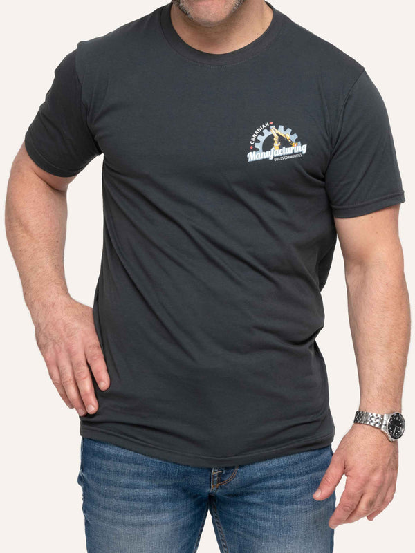 Grey Men's T-shirt with Canadian Manufacturing Builds Communities slogan - Made in Canada by Choose Canadian Apparel Co