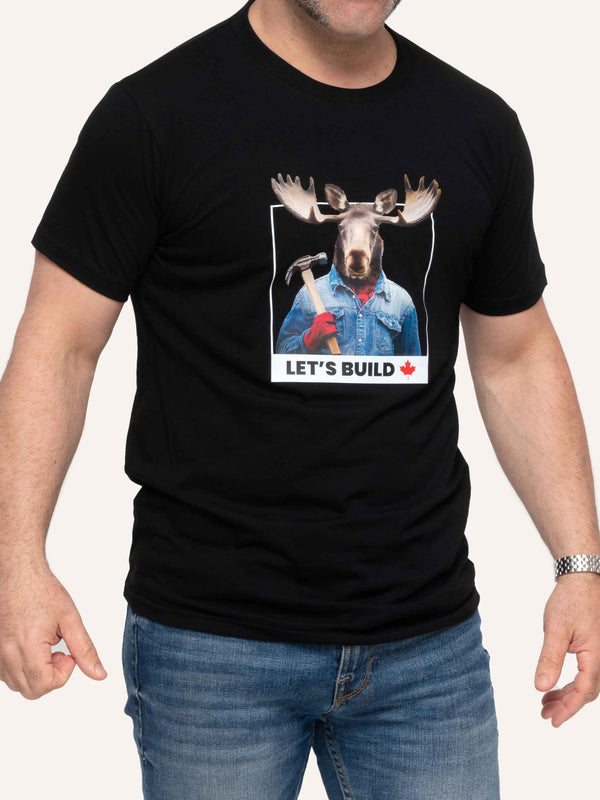 Black Men's T-shirt with Moose and Hammer image and Let's Build Canada slogan - Made in Canada by Choose Canadian Apparel Co