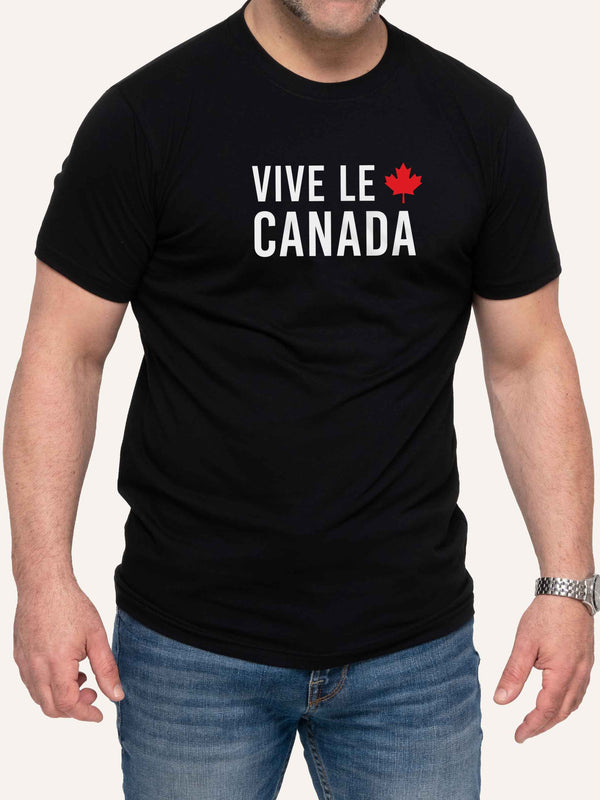 Man wearing men's black t-shirt with Vive Le Canada slogan and Maple Leaf - Made in Canada by Choose Canadian Apparel Co