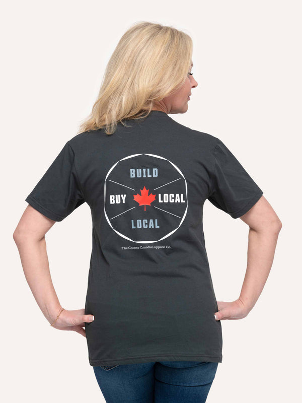 Grow Local Buy Local round logo on charcoal grey Unisex T-Shirt - Made in Canada - Choose Canadian Apparel Co