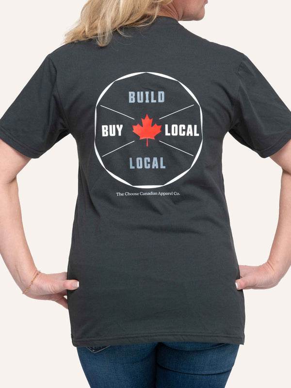 Rear view of charcoal grey Unisex T-shirt with Maple Leaf image and Build Local Buy Local slogan - Made in Canada by Choose Canadian Apparel Co