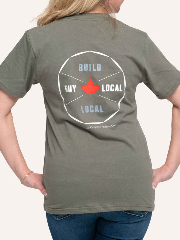 Rear view of sage green Unisex T-shirt with Maple Leaf image and Build Local Buy Local slogan - Made in Canada by Choose Canadian Apparel Co