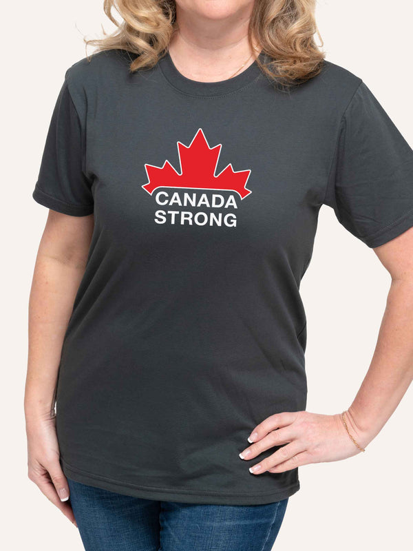 woman wearing grey unisex t-shirt with Canada Strong slogan and red maple leaf - Made in Canada by Choose Canadian Apparel Co