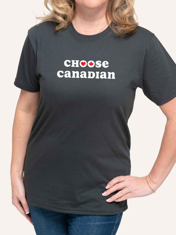 Woman wearing Gray t-shirt with red heart maple leaf and choose canadian slogan - Made in Canada by Choose Canadian Apparel Co