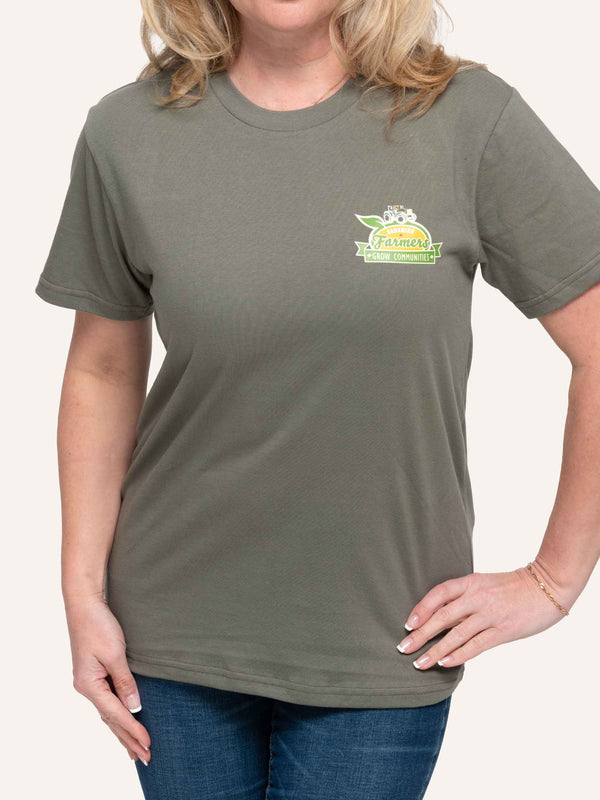 Sage Green Unisex T-shirt with Tractor image and Canadian Farmers Grow Communities slogan - Made in Canada by Choose Canadian Apparel Co