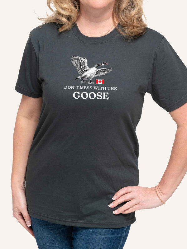 Woman wearing grey tshirt with Don't Mess With The Goose slogan and Canada Flag - Made in Canada by Choose Canadian Apparel Co