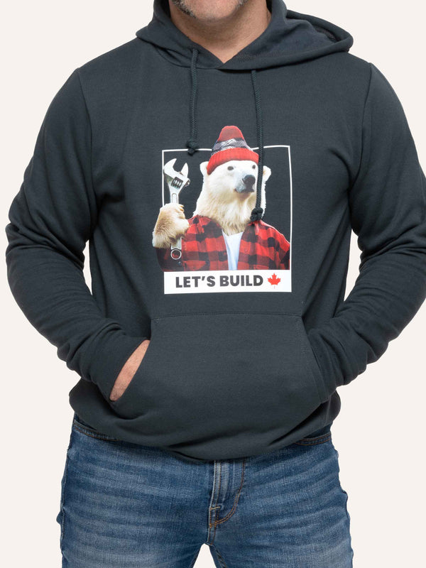 Charcoal Grey Hoodie with Polar Bear and Wrench image and Let's Build Canada slogan - Made in Canada by Choose Canadian Apparel Co