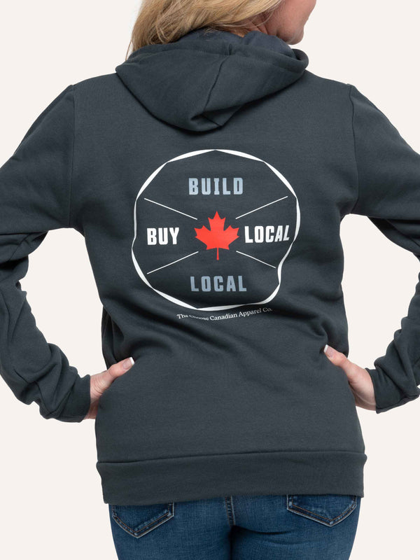 Rear of Made in Canada Hoodie with Maple Leaf and Build Local Buy Local slogan - Choose Canadian Apparel Co