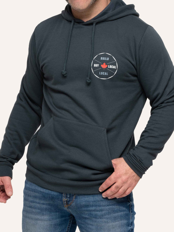 Made in Canada Hooded sweatshirt with Maple Leaf image and Build Local Buy Local slogan - Made in Canada by Choose Canadian Apparel Co