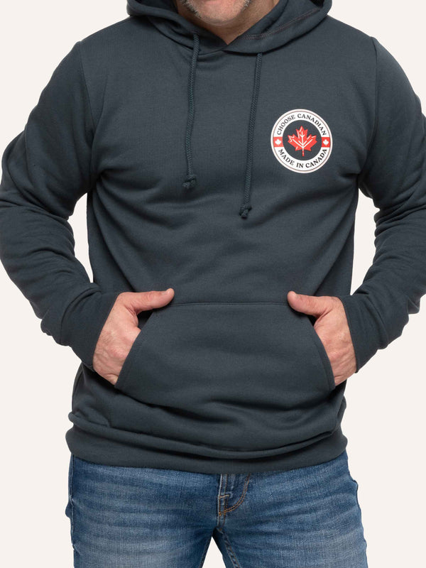 Gray Hooded sweatshirt with Maple Leaf image and Choose Canadian Made in Canada slogan - Made in Canada by Choose Canadian Apparel Co