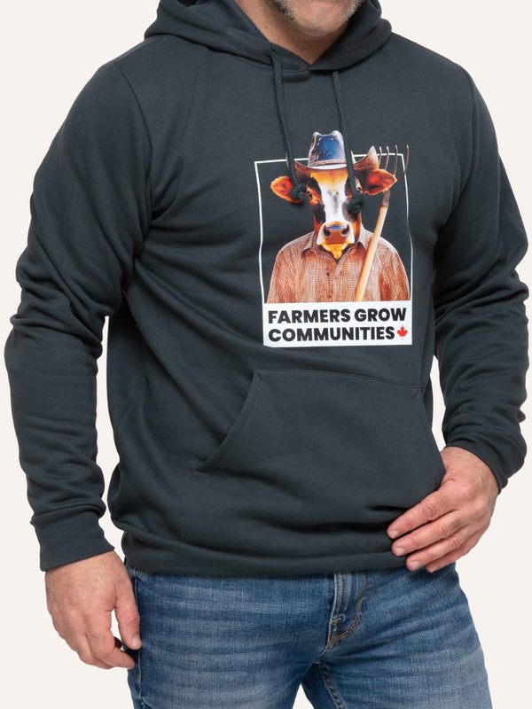 Charcoal Grey Hoodie with Cow and Pitchfork image and Farmers Grow Communities slogan - Made in Canada by Choose Canadian Apparel Co