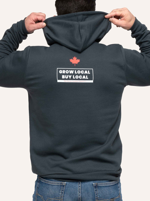 Rear of Made in Canada Hoodie with Maple Leaf and Grow Local Buy Local slogan - Choose Canadian Apparel Co