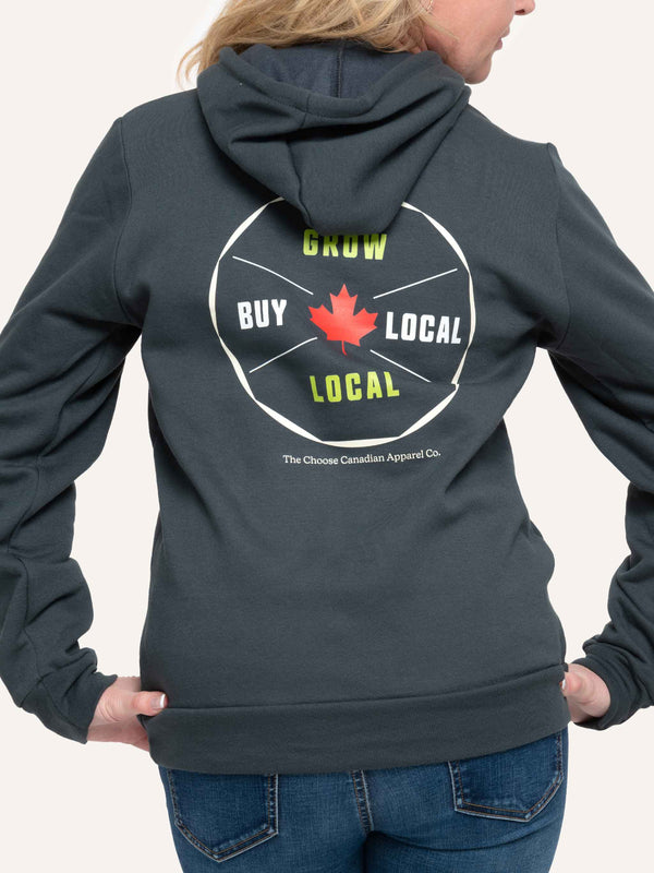 Rear of Made in Canada Hoodie with Maple Leaf and Grow Local Buy Local slogan - Choose Canadian Apparel Co