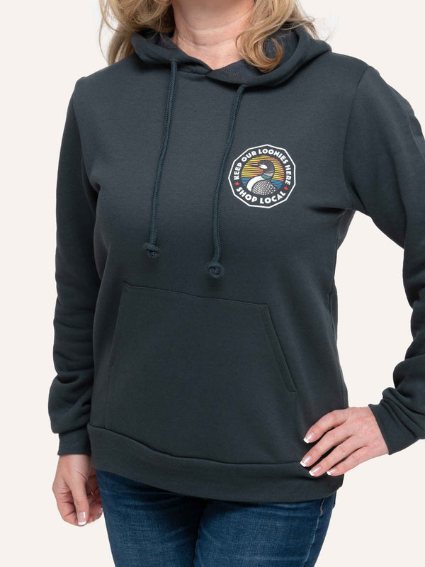 Made in Canada Hooded sweatshirt with Loon image and Keep Our Loonies Here slogan - Choose Canadian Apparel Co