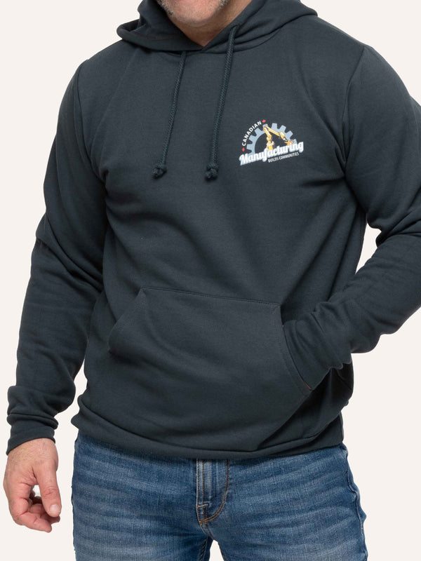 Charcoal Grey Hoodie with Canadian Manufacturing Builds Communities slogan - Made in Canada by Choose Canadian Apparel Co