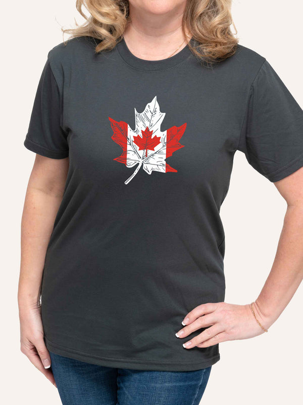 Woman wearing grey t-shirt with Canada Flag inside Maple Leaf shape - Made in Canada by Choose Canadian Apparel Co