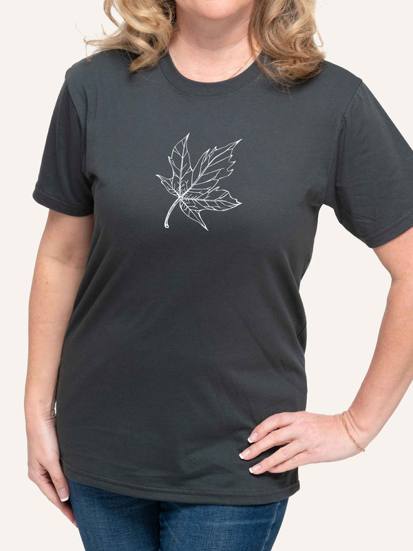 Woman wearing grey t-shirt with maple leaf line art outline - Made in Canada by Choose Canadian Apparel Co
