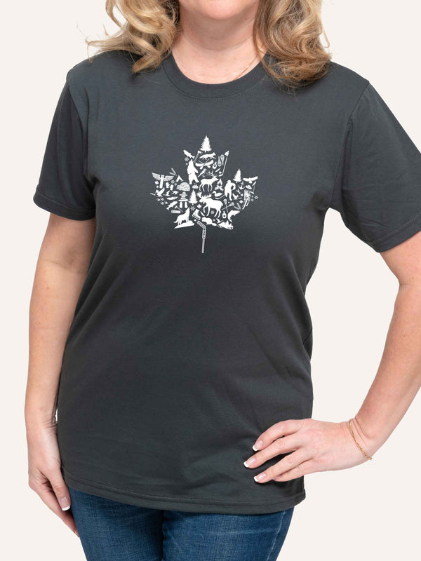 woman wearing grey t-shirt with maple leaf shaped montage of Canadian symbols - Made in Canada by Choose Canadian Apparel Co
