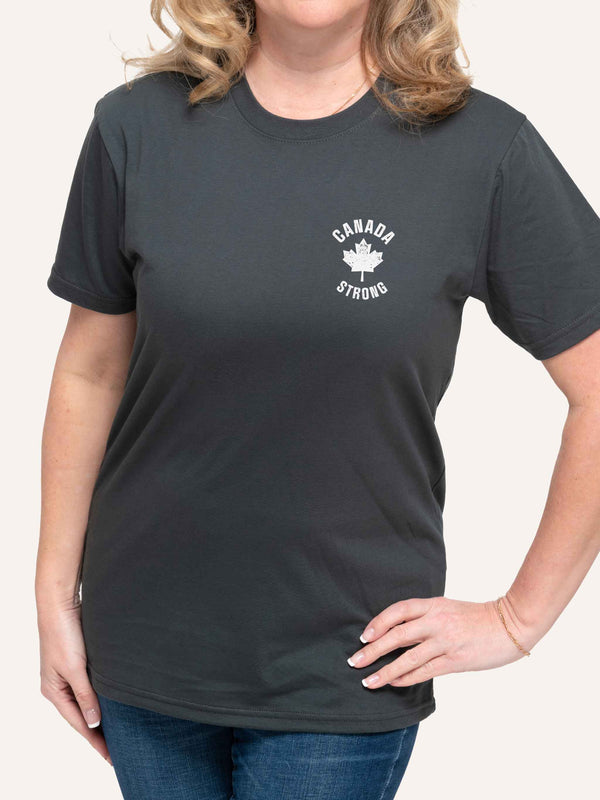 Woman wearing grey t-shirt with canada strong slogan and maple leaf - Made in Canada by Choose Canadian Apparel Co